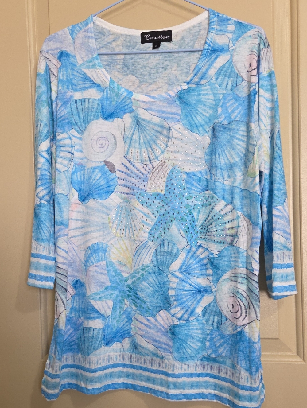 Creation Blue Seashell Print Womens Top